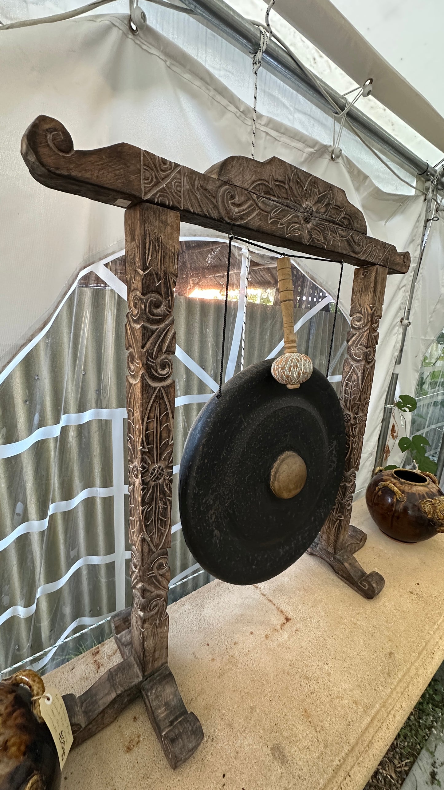 Large Ornate Carved Dinner Gong with Stand