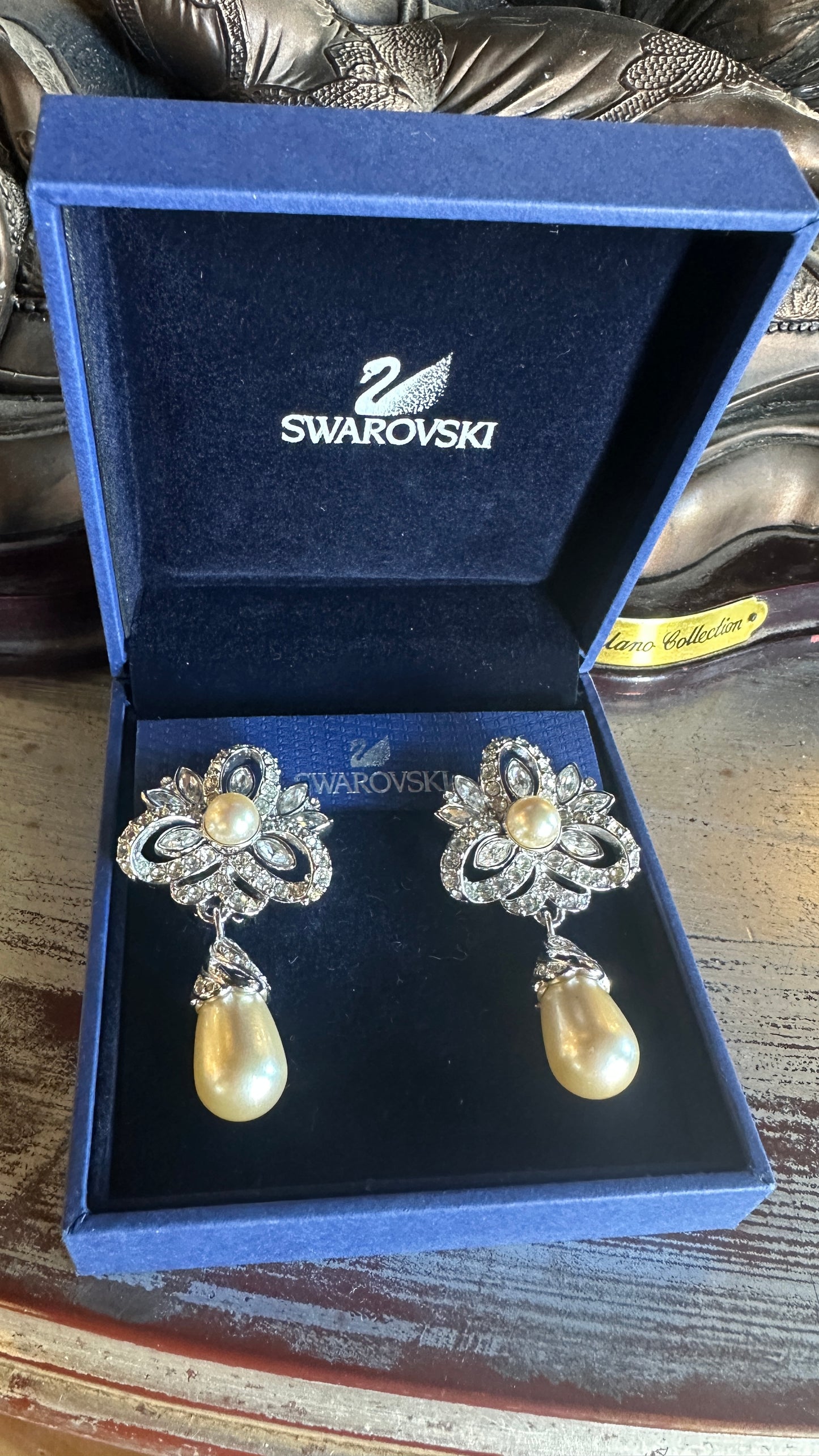 Vintage Swarovski Swan pavé crystal floral faux pearl drop earrings