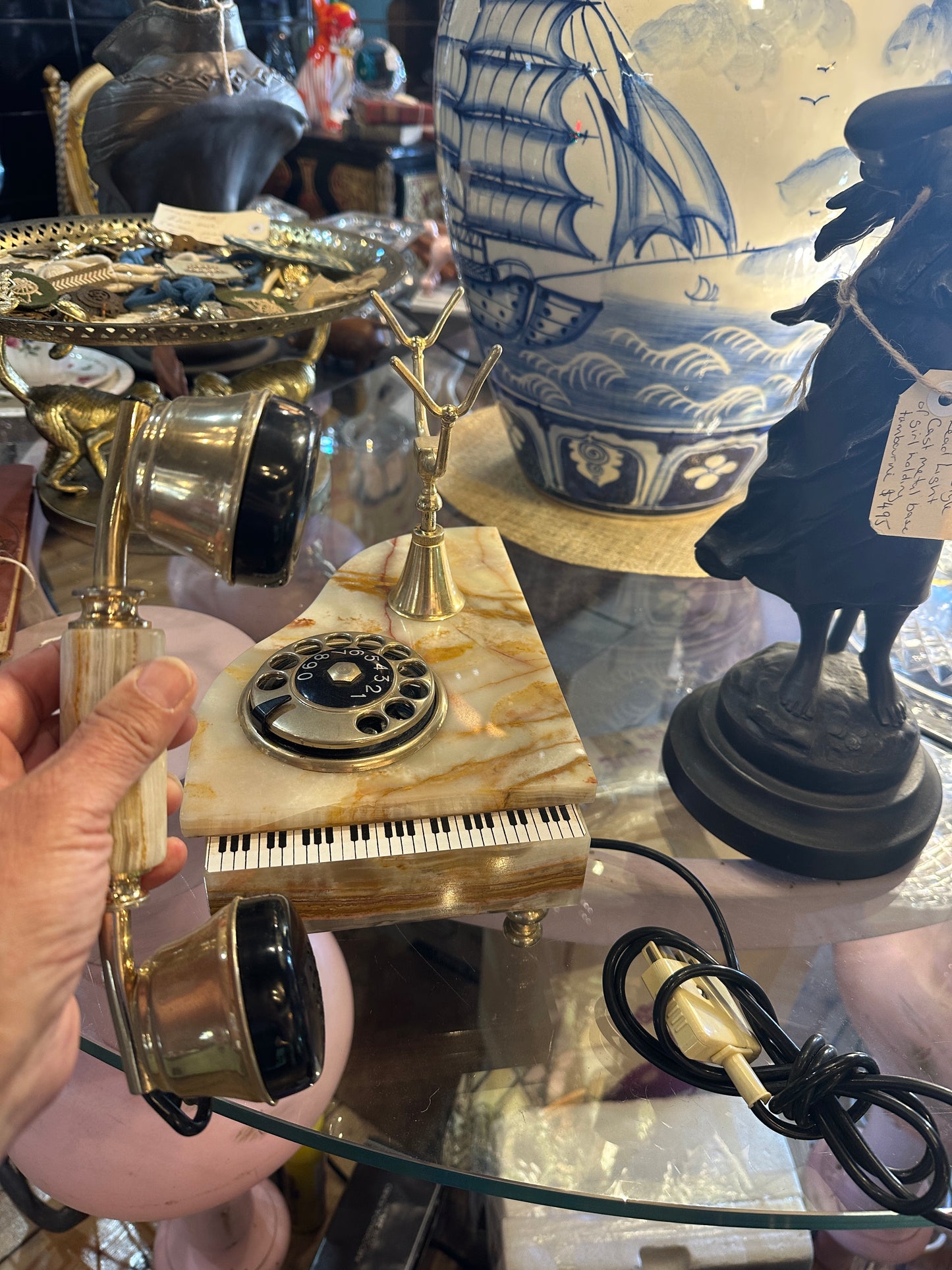 Vintage Onyx and Brass Grand Piano shaped Novelty Telephone
