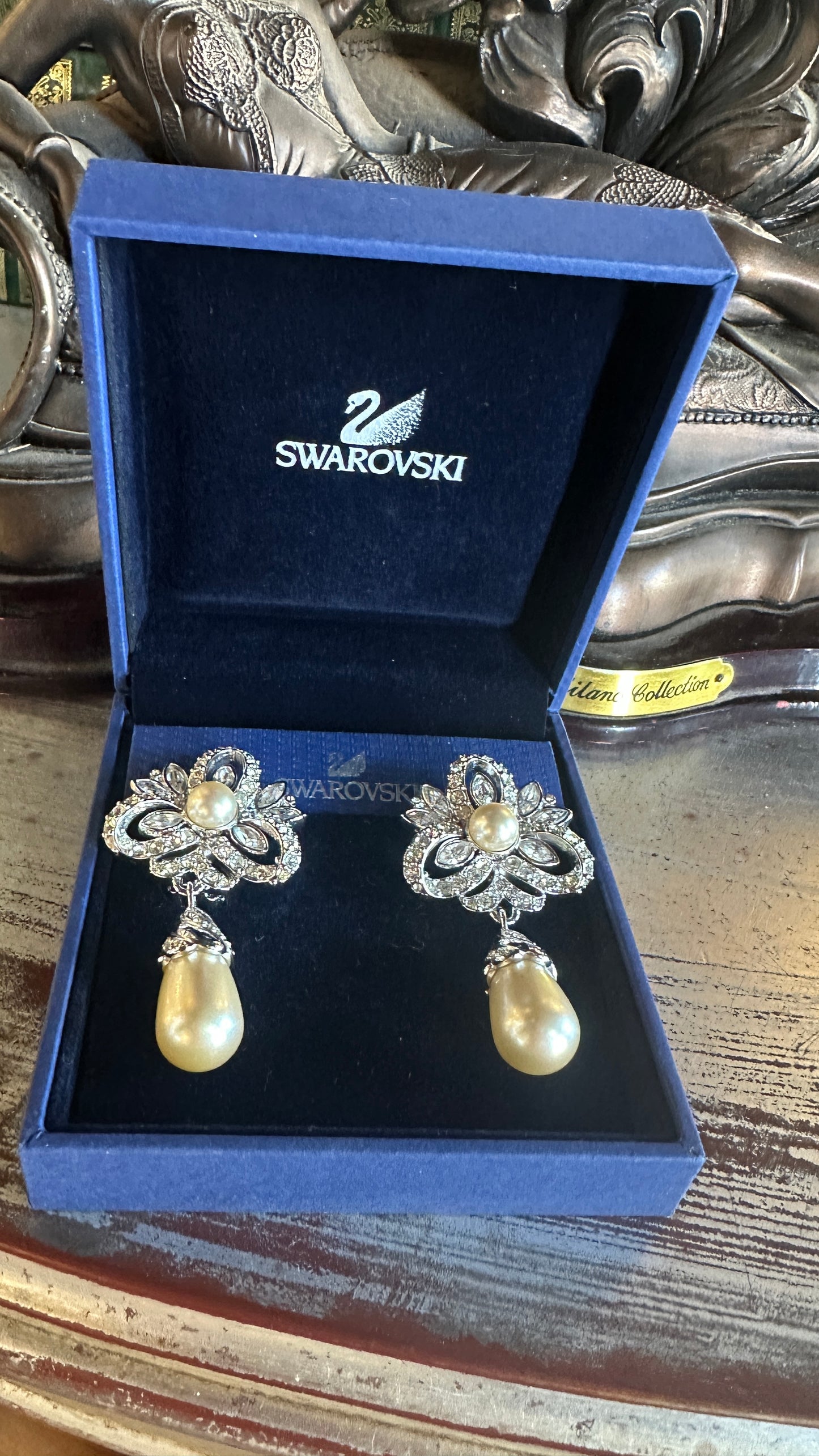 Vintage Swarovski Swan pavé crystal floral faux pearl drop earrings