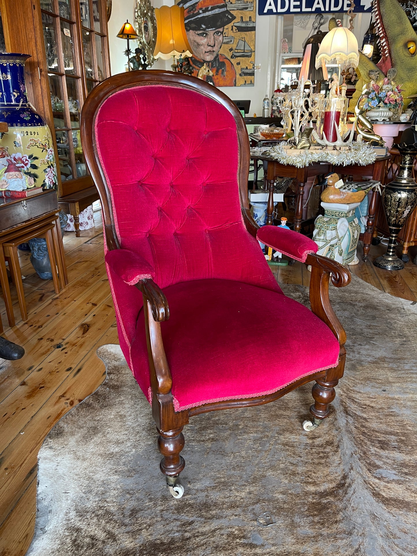 Victorian-Style Ruby Red Upholstered Armchair with Castor Wheels