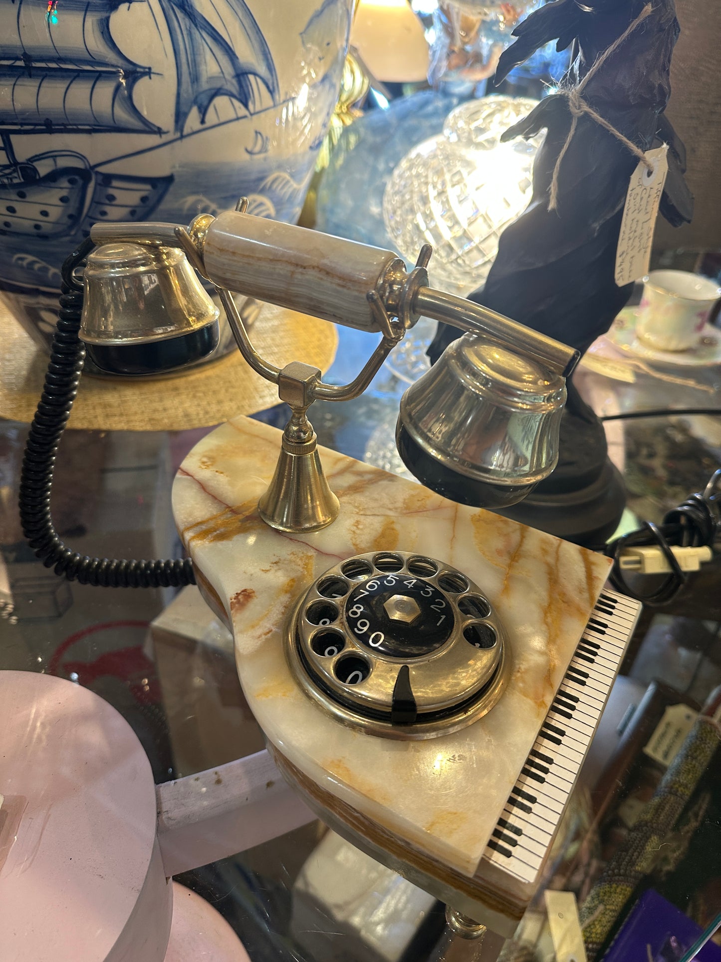 Vintage Onyx and Brass Grand Piano shaped Novelty Telephone