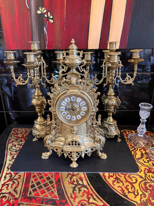 Ornate Brass Mantel Clock with Matching Candelabras – Baroque Style Quartz Clock Set – 41 cm