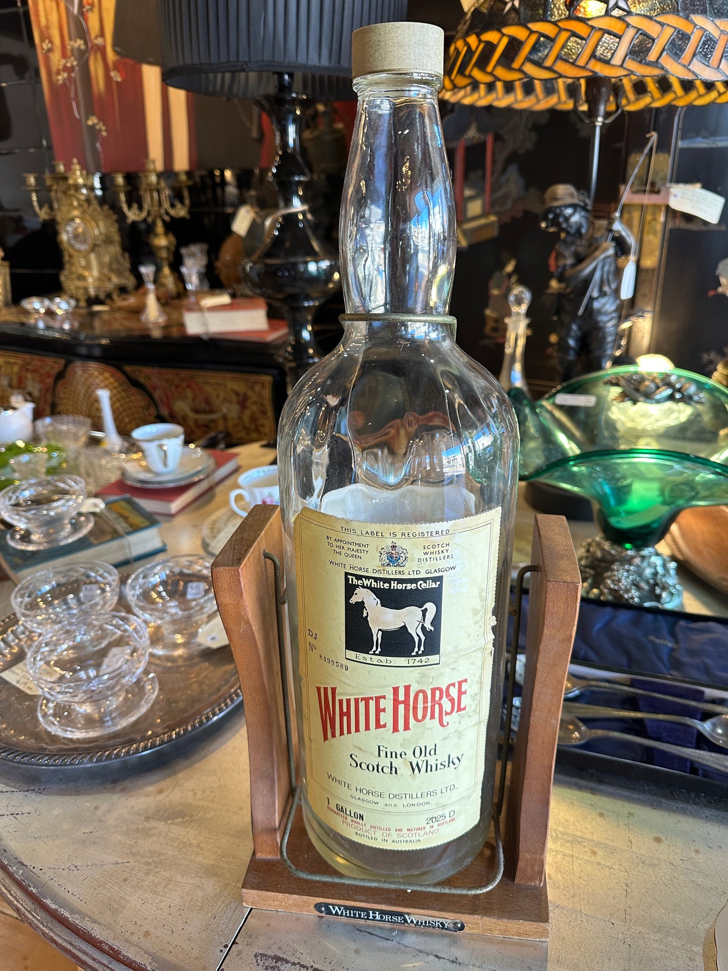 White Horse Whisky, Empty One Gallon Bottle on Pouring Stand