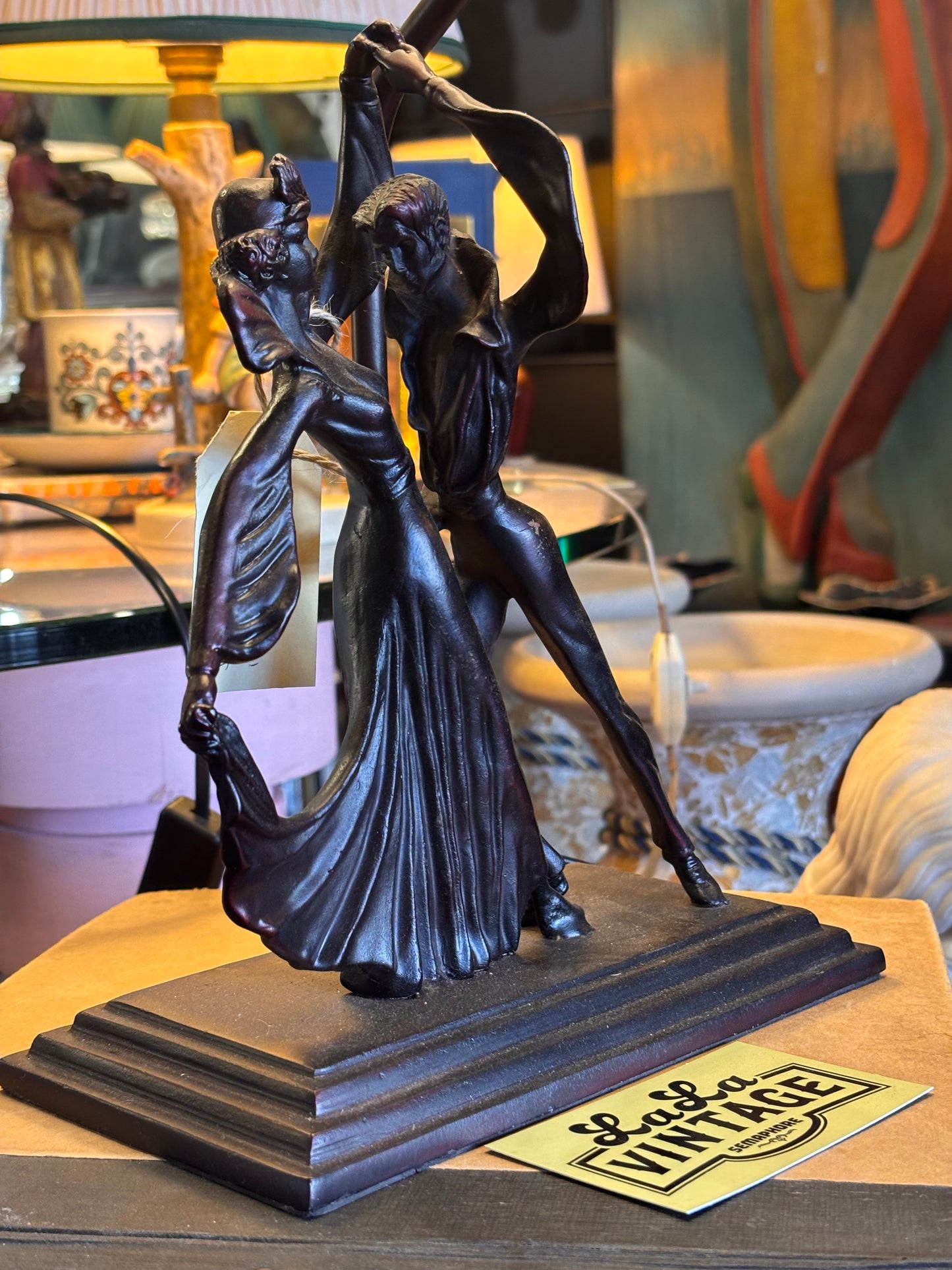 Art Deco Style Bronze Dancer Lamp – Vintage Figural Table Lamp with Frosted Glass Shade