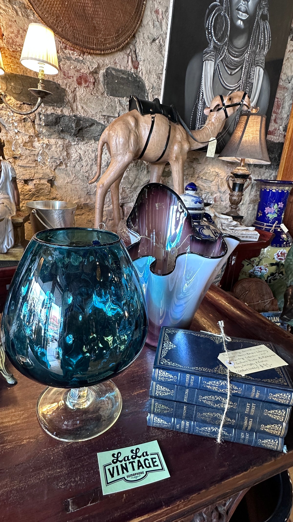 Mid Century Modern Italian Teal Blue Blown Glass Brandy Balloon Goblet Pedestal Vase