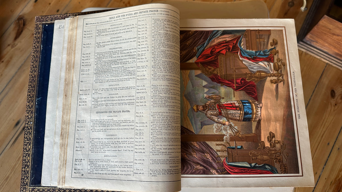 Pronouncing Parallel Bible, 1890s with over 2000 illustrations (some in colour) with indented leather binding
