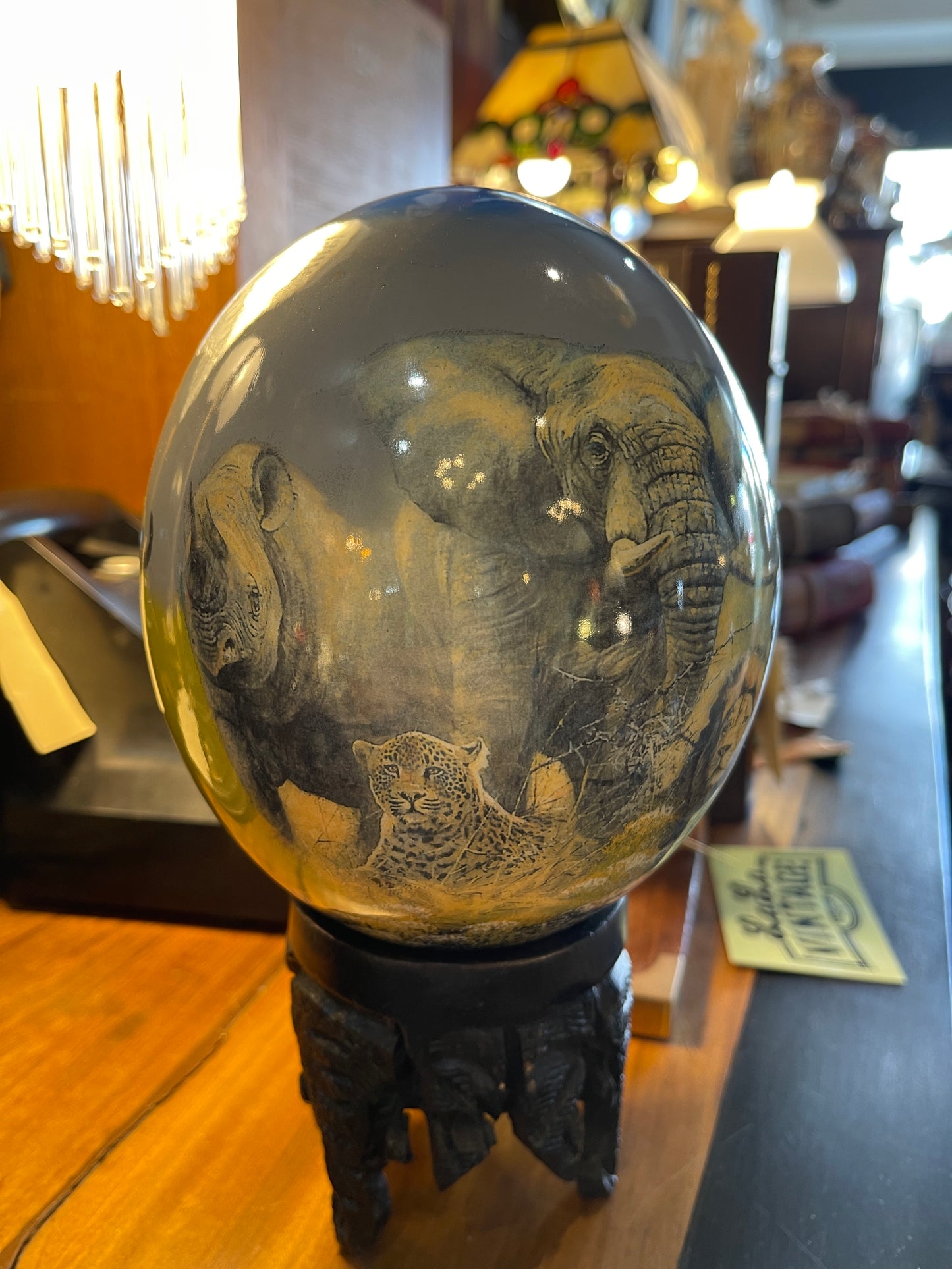 Hand-Painted Ostrich Egg Savanna Scene with Carved Wooden Stand