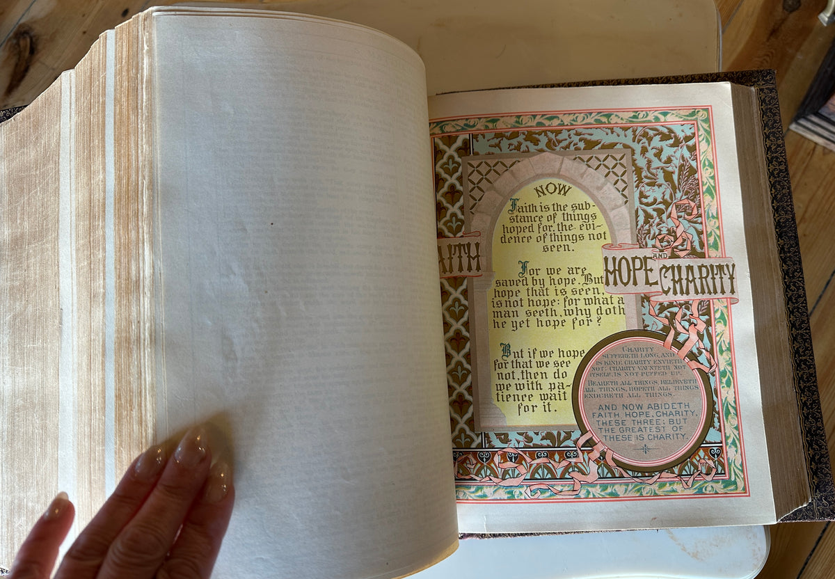 Pronouncing Parallel Bible, 1890s with over 2000 illustrations (some in colour) with indented leather binding