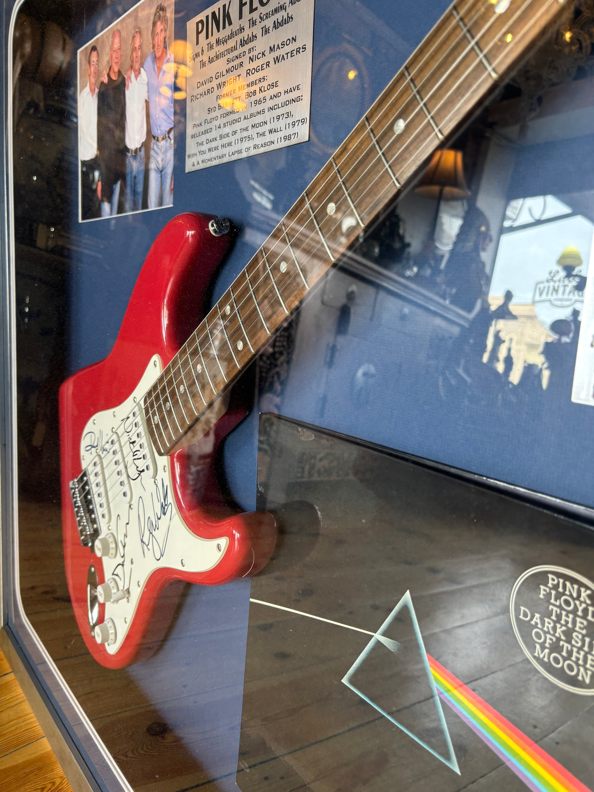 Pink Floyd Signed Guitar Display – Framed Squier Stratocaster with Dark Side of the Moon LP & COA | La La Vintage