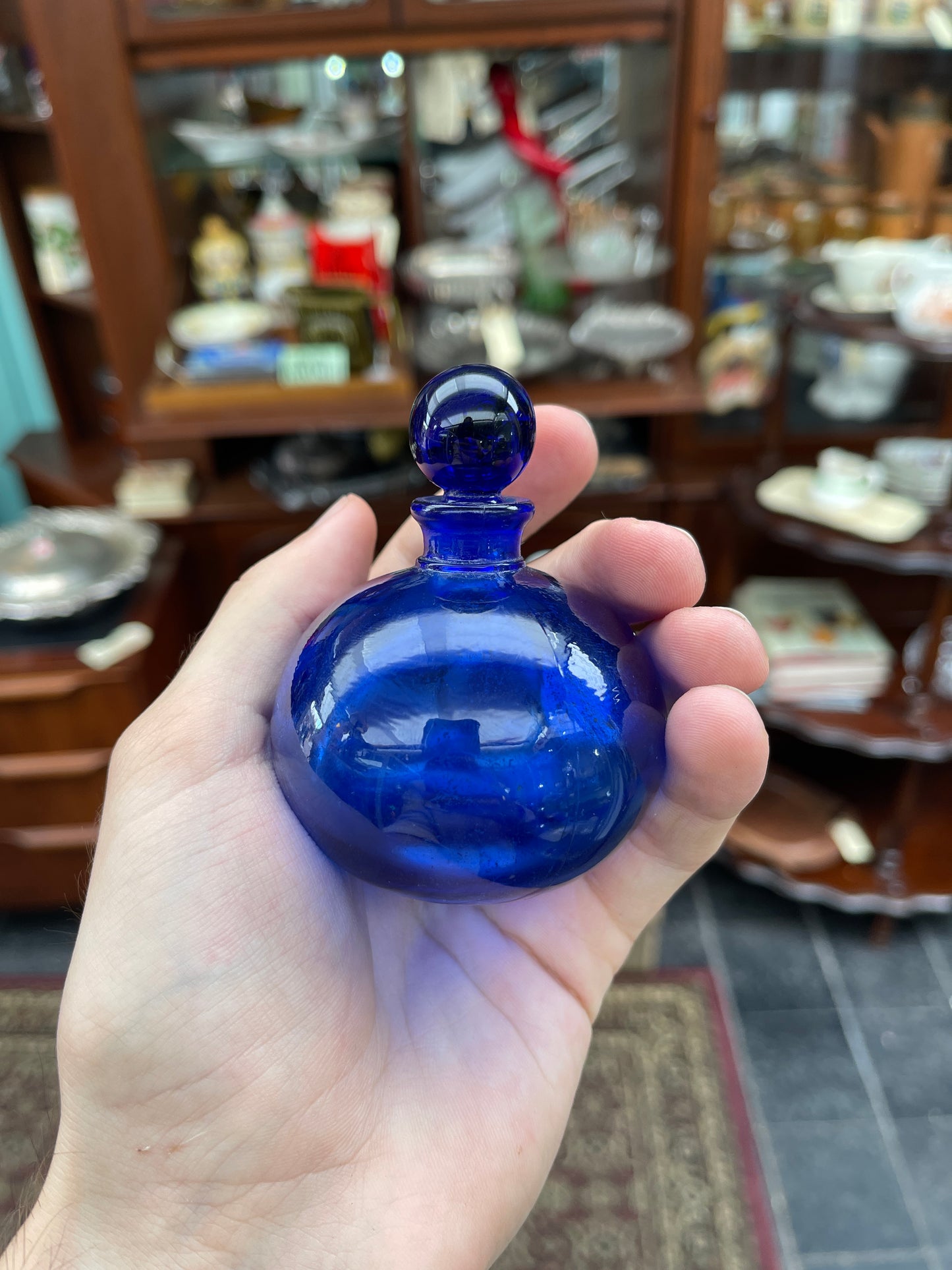 Vintage Bristol Blue Glass Circular Perfume Bottle with Stopper