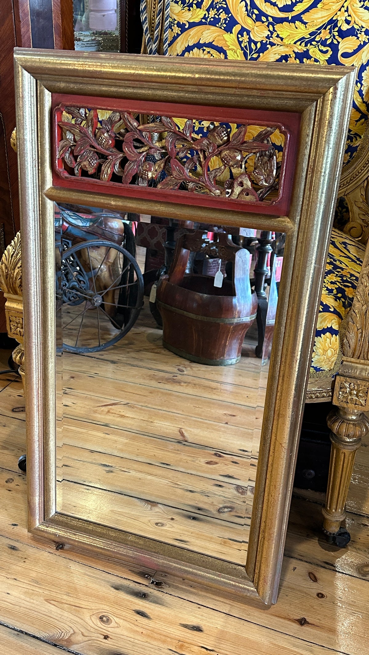 Asian style openwork carved gilt wall mirror, 81cm x 46cm