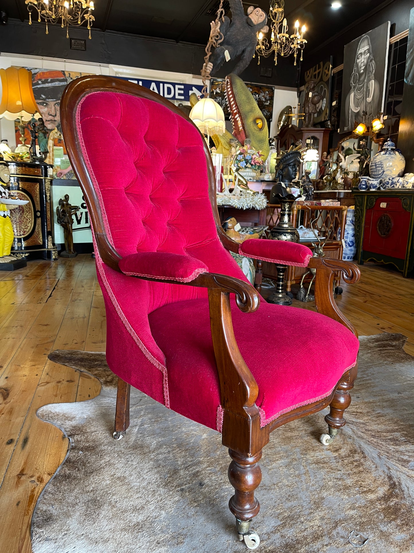 Victorian-Style Ruby Red Upholstered Armchair with Castor Wheels