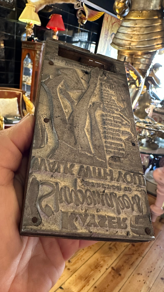 Vintage advertising letterpress printing block for Kayser "Shapemakers" hosiery