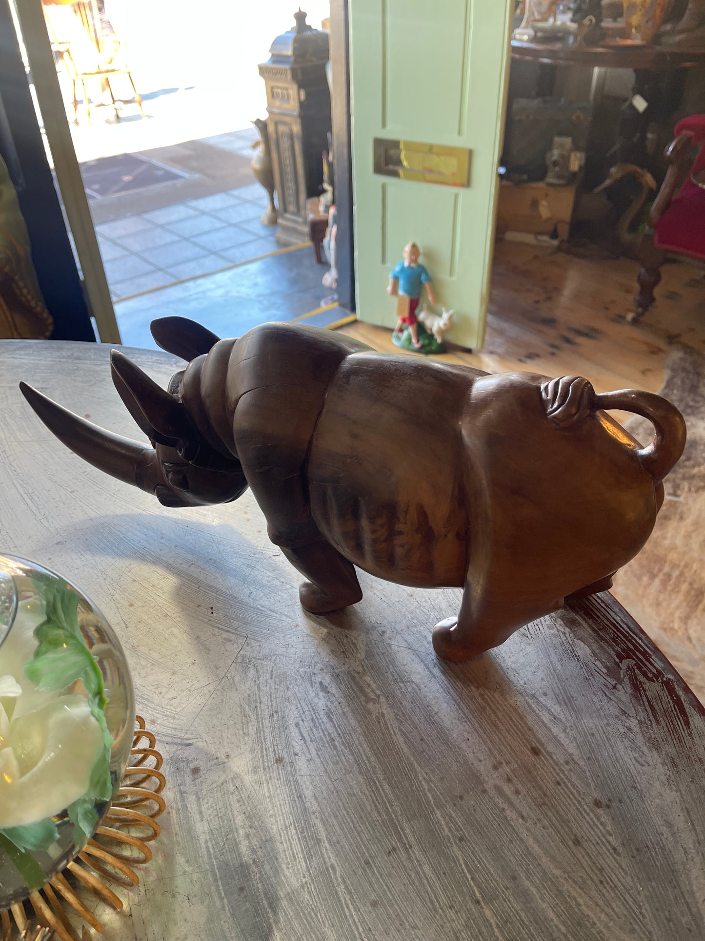 Hand-Carved Solid Wood Rhino Sculpture – Large, Heavy, Unique