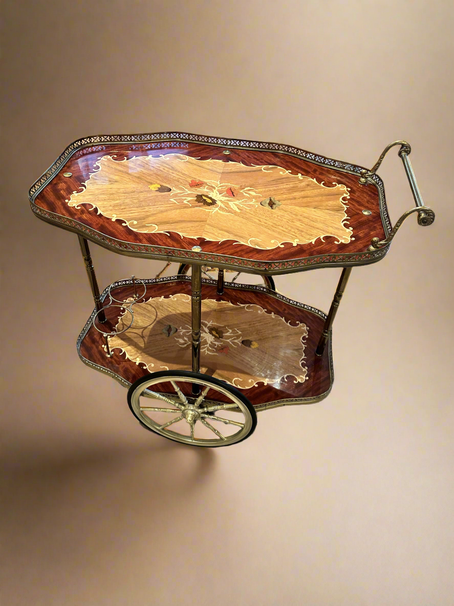 Hollywood Regency Italian Marquetry Inlayed Cocktail Bar /Tea Cart