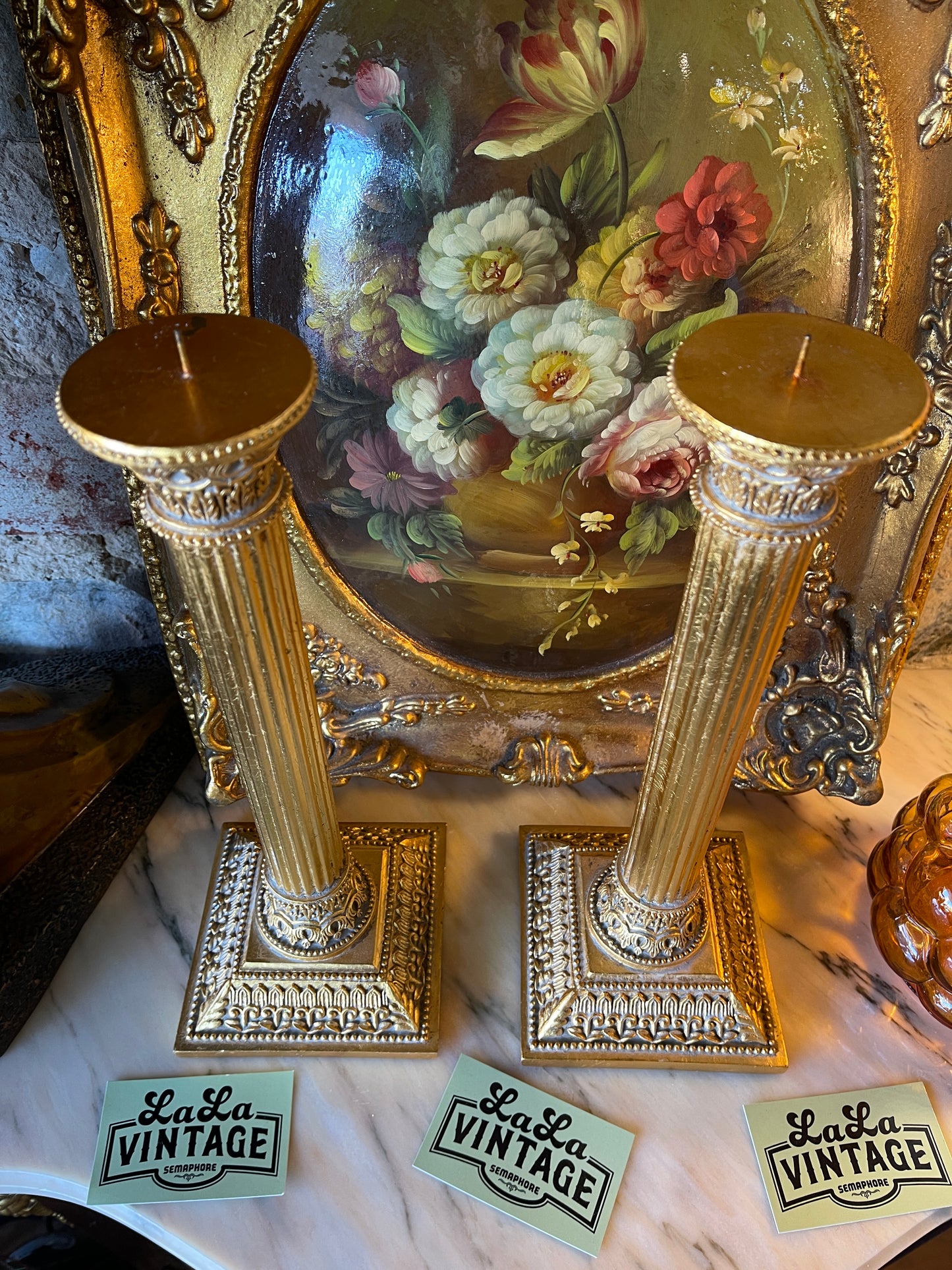 Pair of Ornate Column Candle Holders – Painted Gold