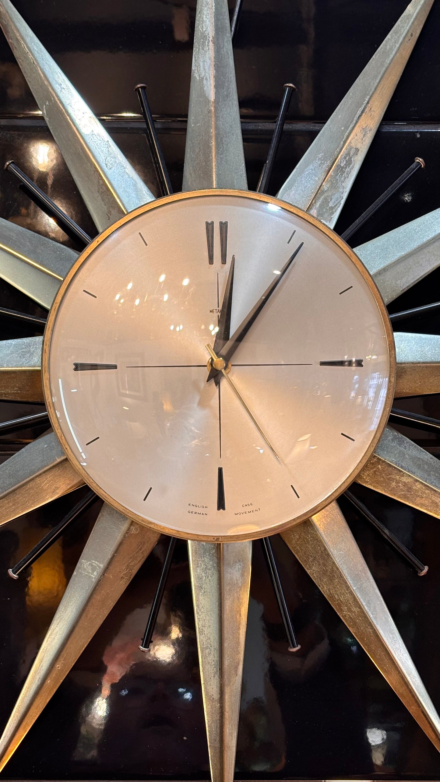 Vintage 1960s Metamec Starburst Wall Clock – Working Mid-Century Nickel & Black Design (60cm)