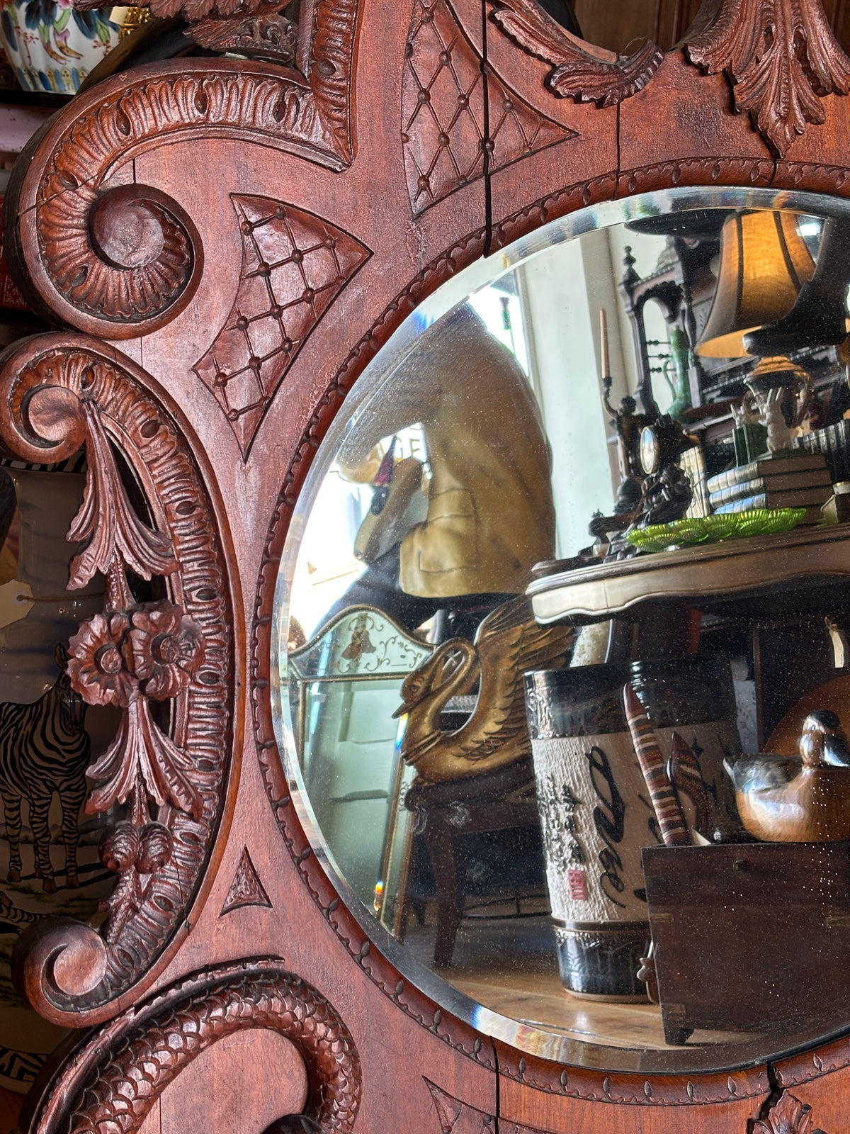 Antique Hand Carved Bird Mirror with Fish | Continental Baroque Revival c.1900 | 124cm