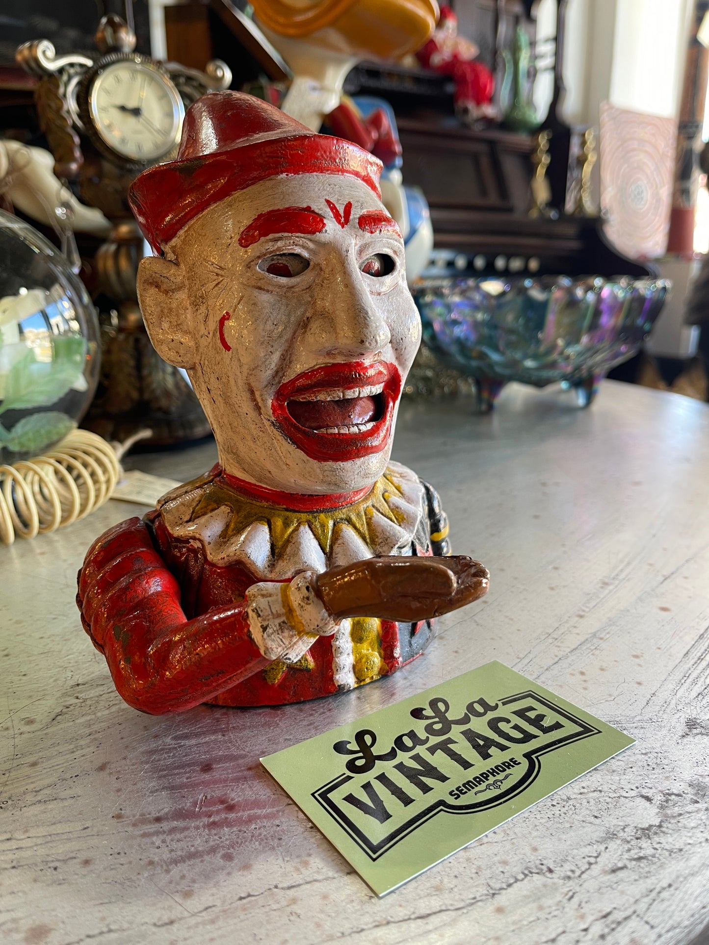 Hand-Painted Cast Iron Clown Moneybox – Vintage Coin Bank