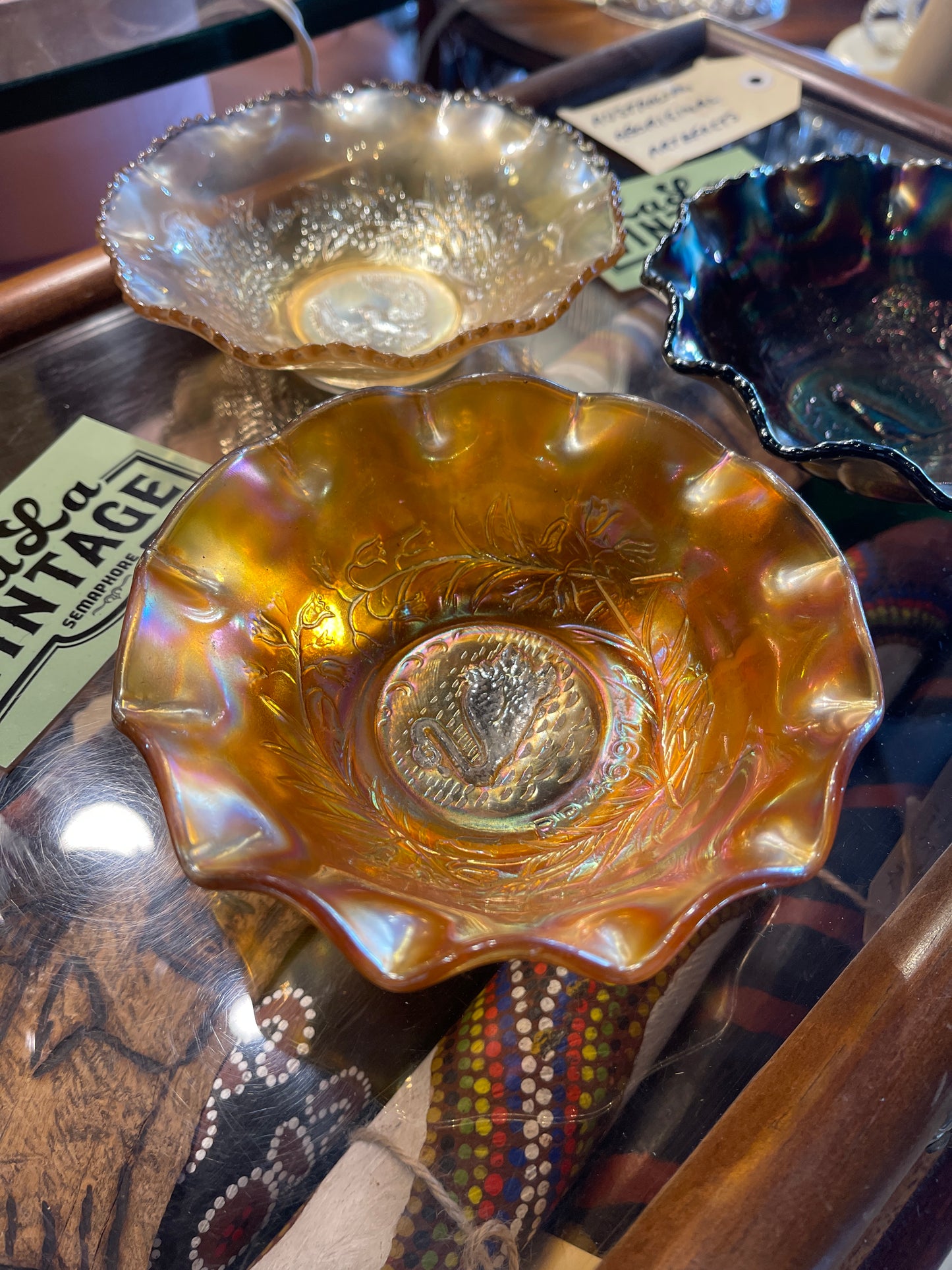 Carnival Glass Bowls Set of 3 Amethyst Kangaroo, Marigold Piping Shrike Bird and Marigold Swan - Australia 1920s