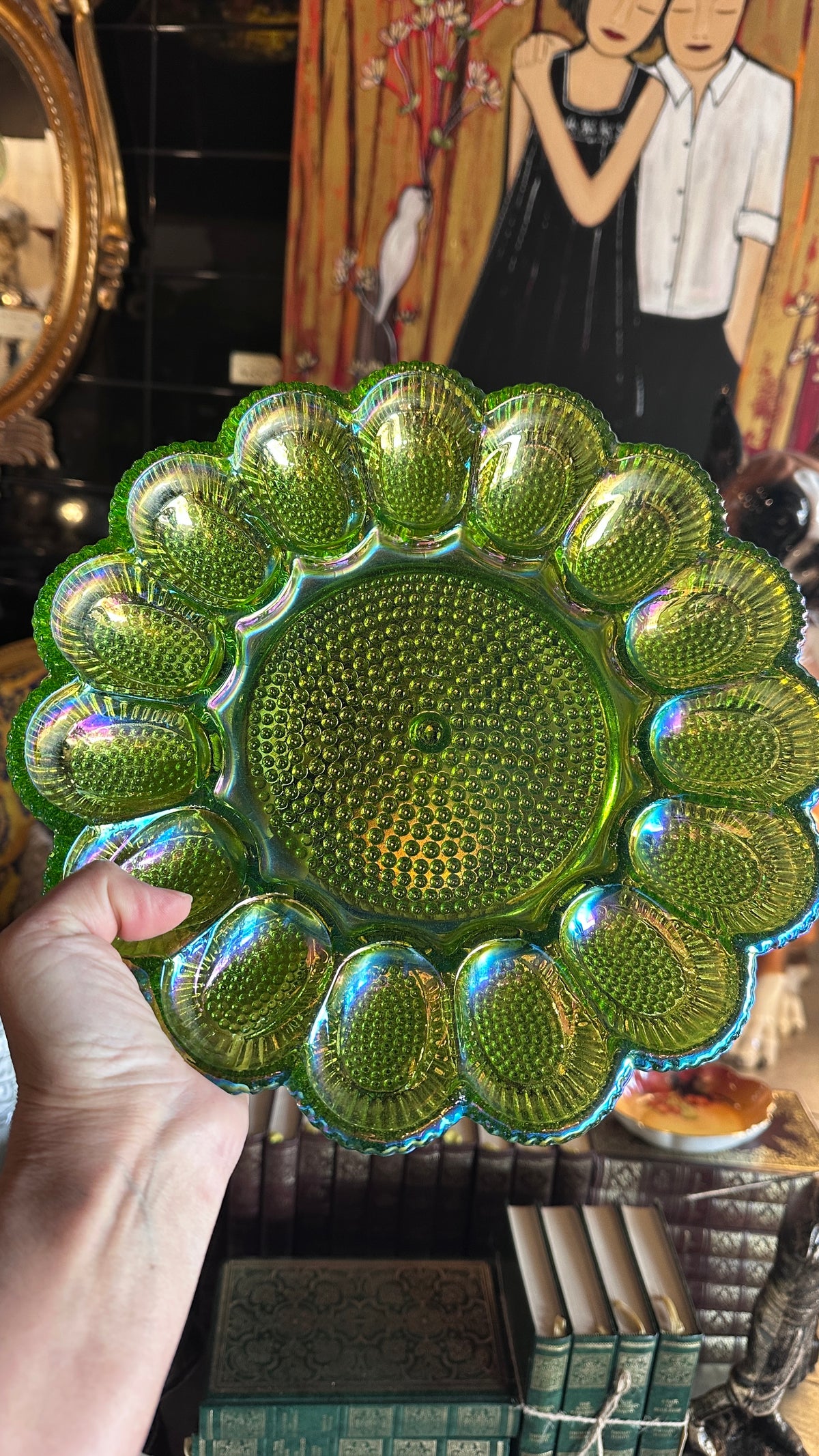 Indiana Glass Carnival Green Hobnail Deviled Egg Plate