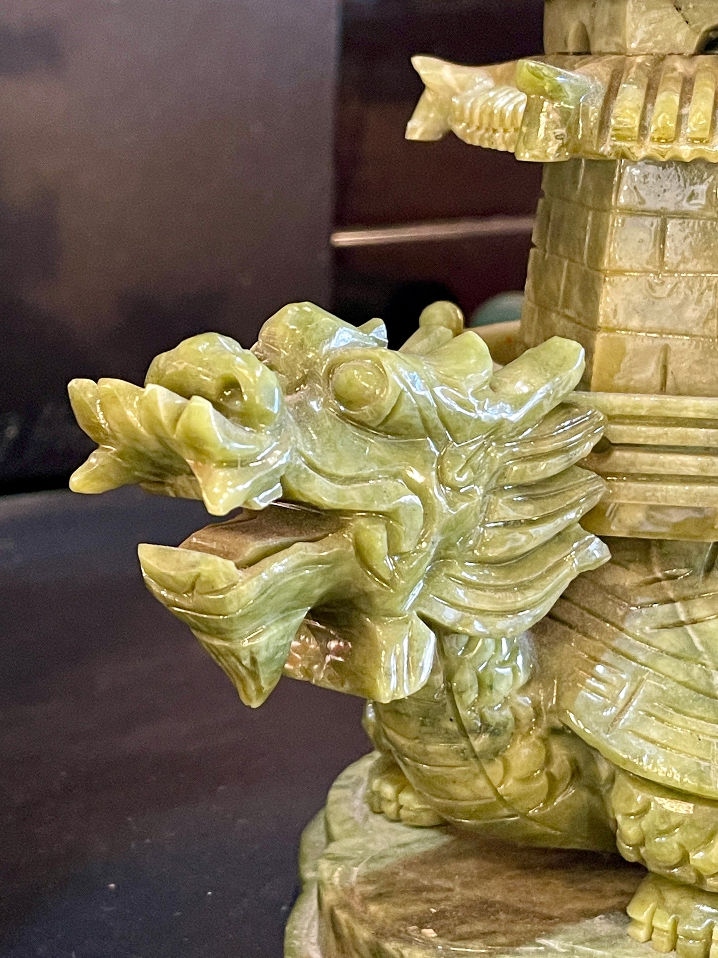 Hand-Carved Natural Jade Pagoda with Dragon Turtle Base – 40cm