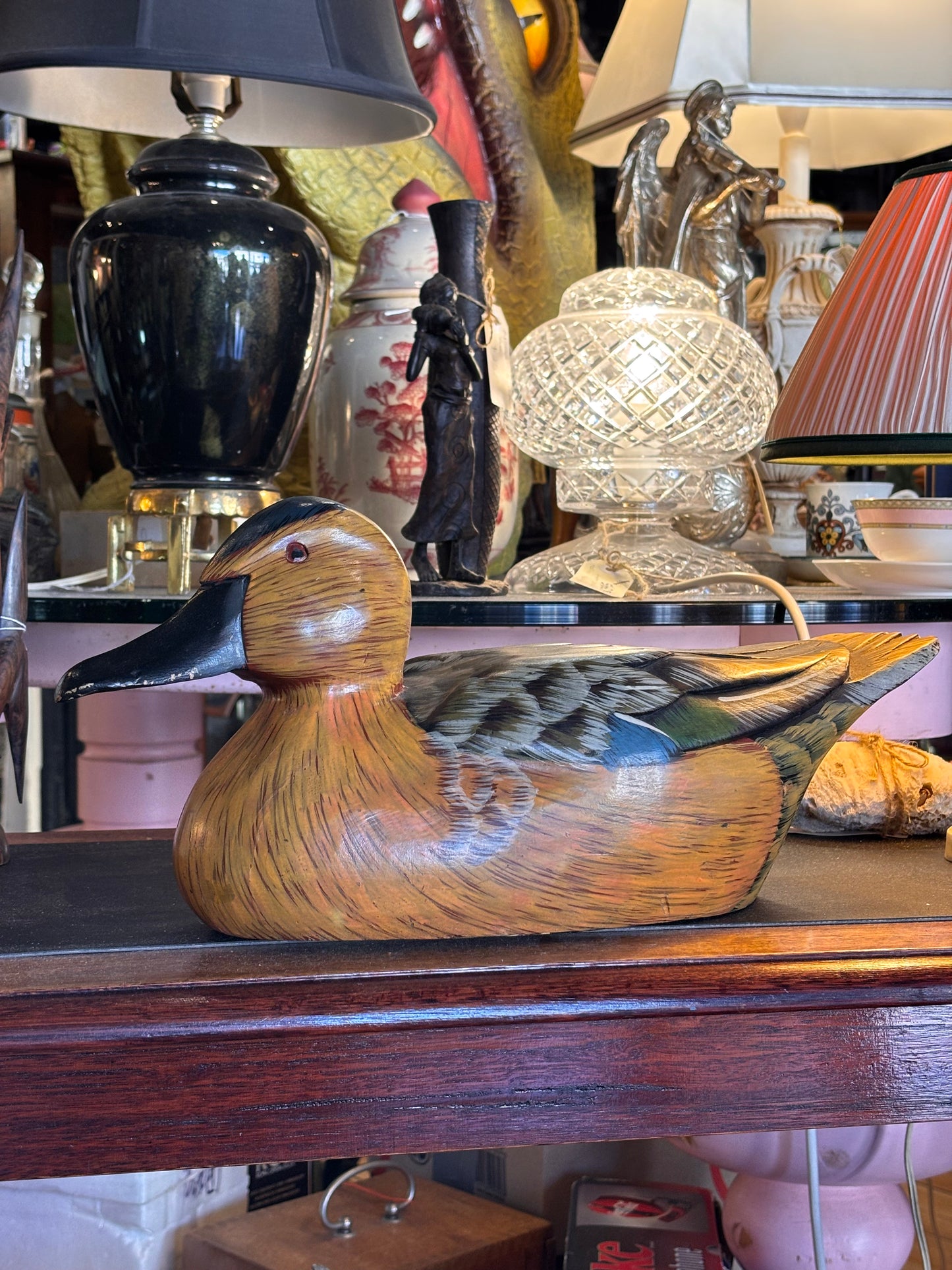 Large Hand-Carved Wooden Duck Decoy – 43cm Hand Painted Vintage Bird Sculpture