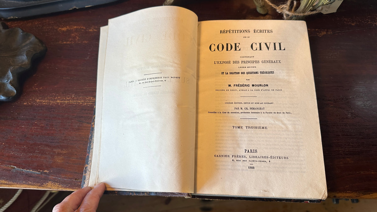 Historical French legal book titled "Répétitions Écrites sur le Code Civil" (Vol 3), 1883 Paris.