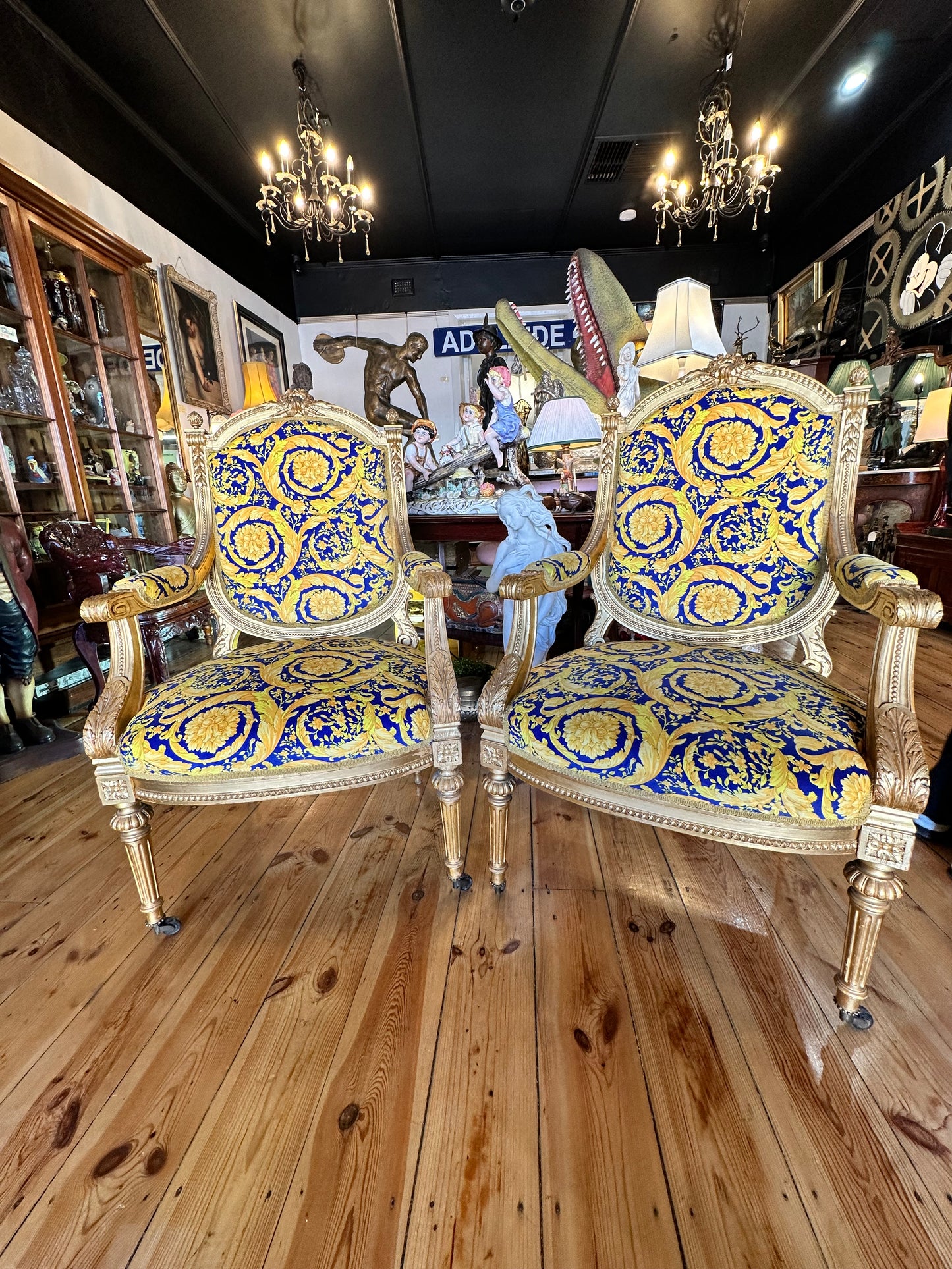 Louis XVI Carved Gilt Framed Armchairs Upholstered with Versace Fabric - Sold Separately