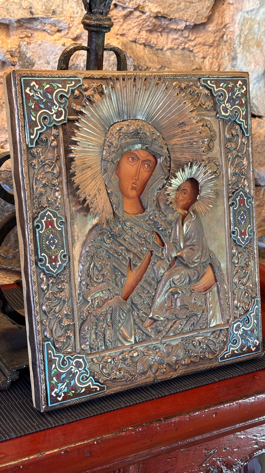 Antique Russian Icon with Enamel Riza – Virgin and Child – 32cm