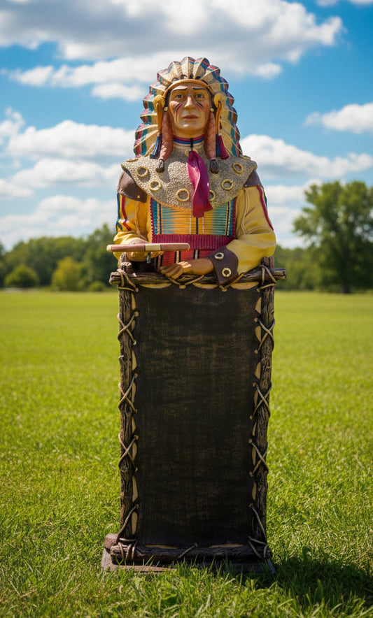 Life-size Native American Indian Chief fibreglass statue holding a tray and a menu board. Approx: 6” tall