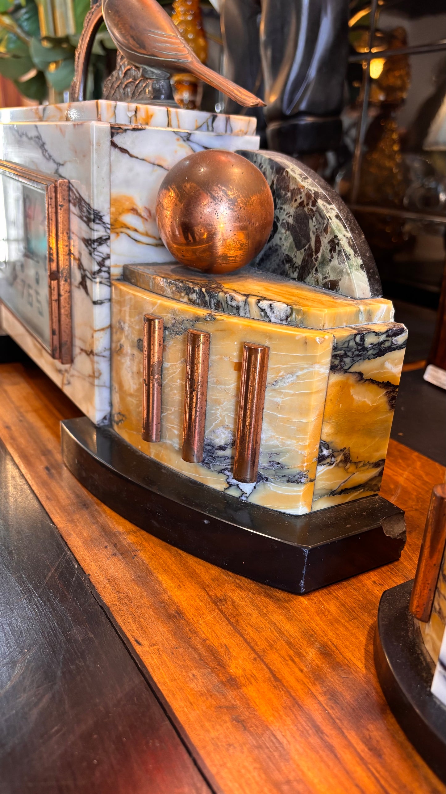 1930s French Art Deco Marble Clock Garniture Set with Patinated Bird Sculptures