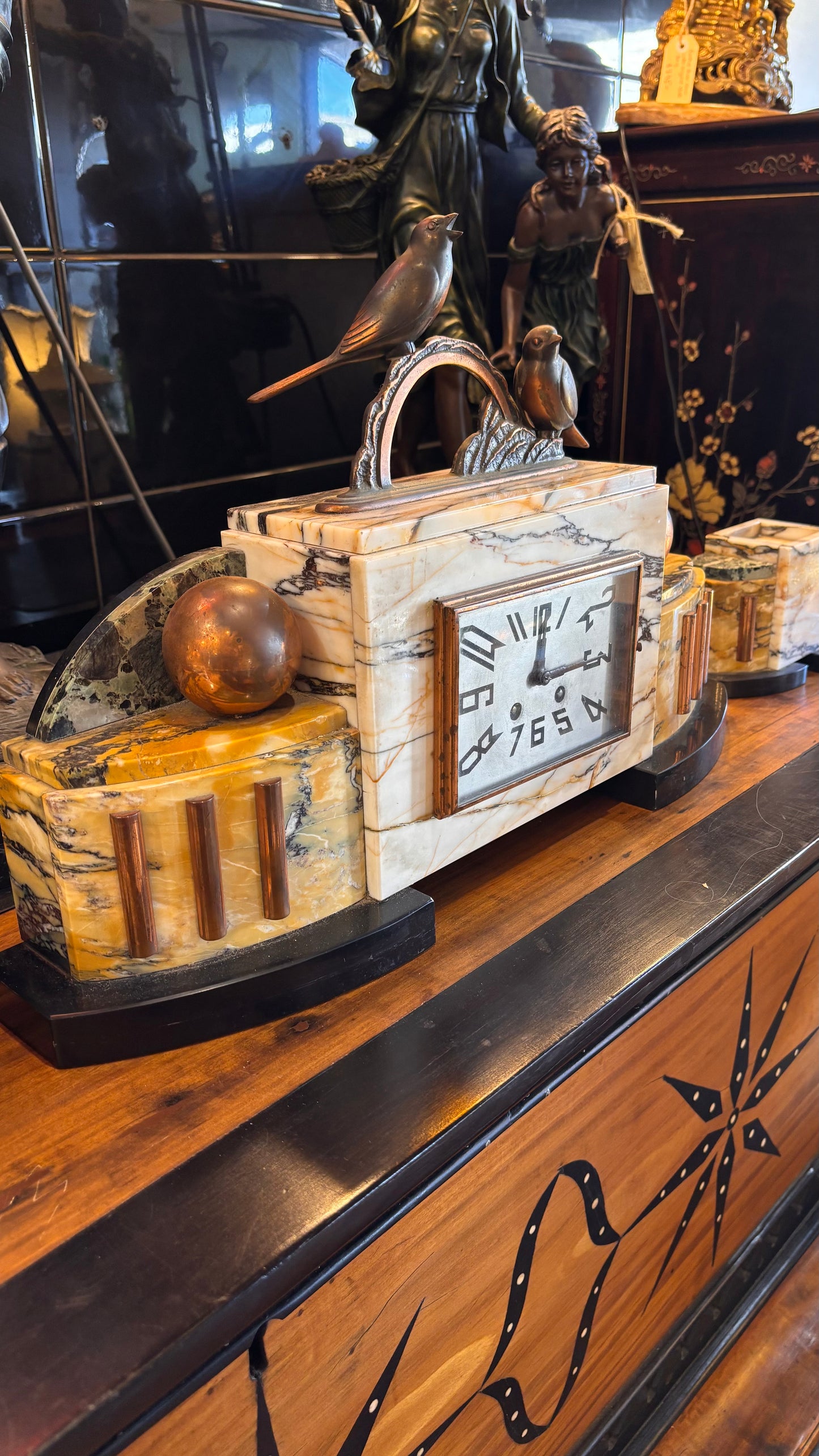 1930s French Art Deco Marble Clock Garniture Set with Patinated Bird Sculptures