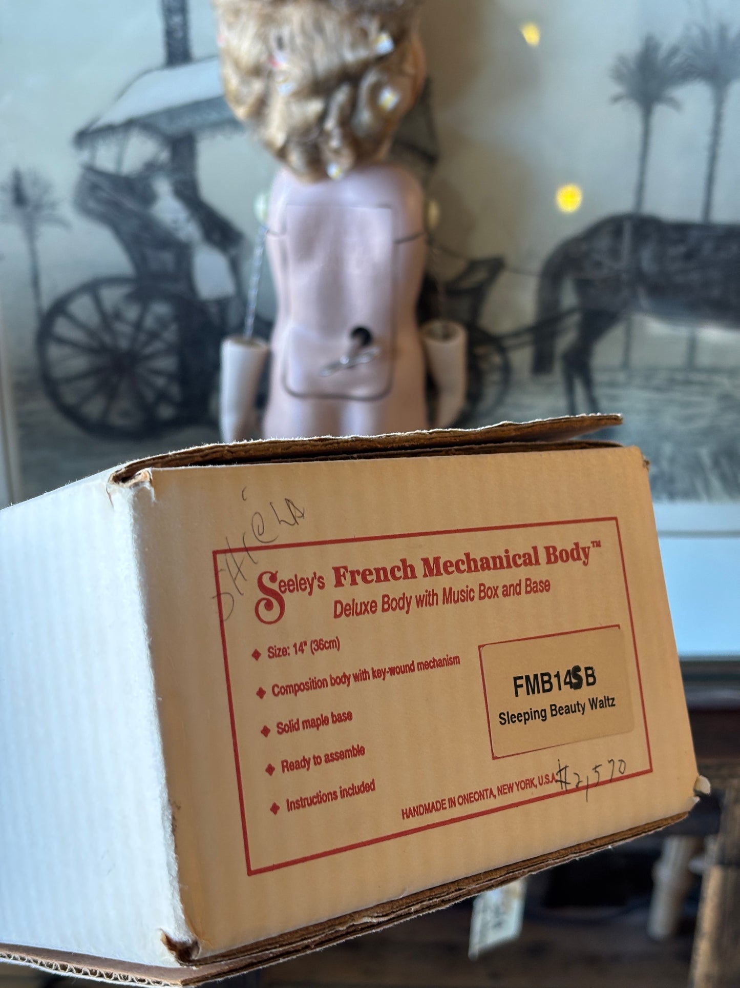 Vintage Seeley’s French Mechanical Doll Body with Porcelain Head & Original Box – Sleeping Beauty Waltz Music Box