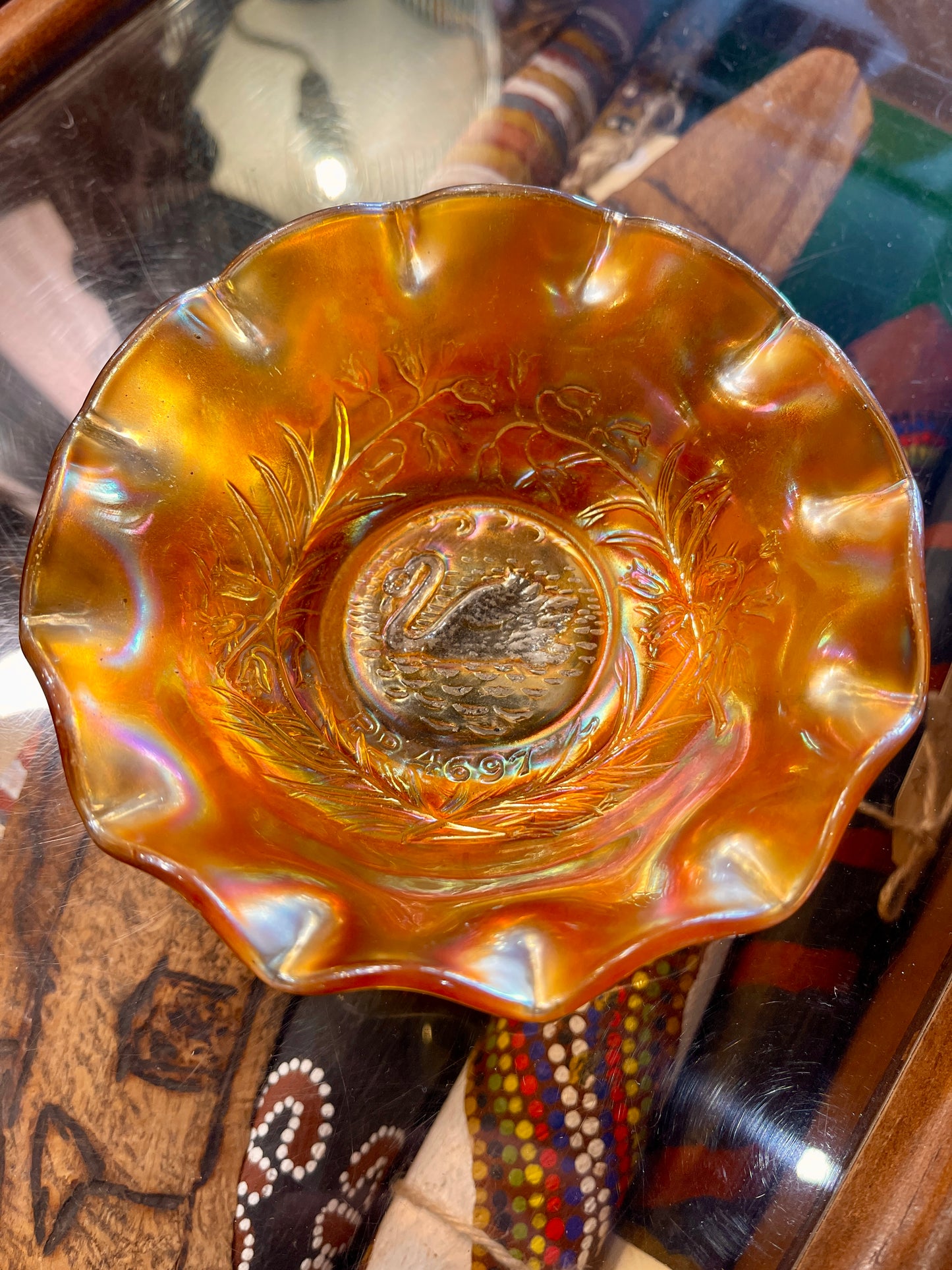 Carnival Glass Bowls Set of 3 Amethyst Kangaroo, Marigold Piping Shrike Bird and Marigold Swan - Australia 1920s