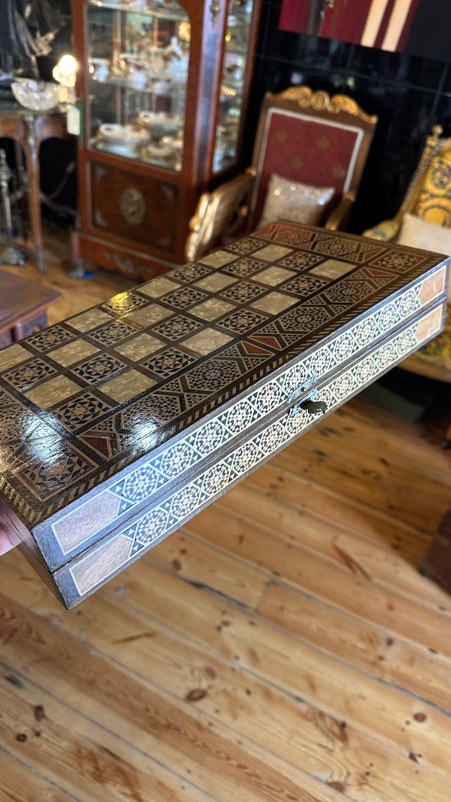 Vintage Syrian/Egyptian mosaic marquetry chess and backgammon board featuring intricate inlaid mother-of-pearl