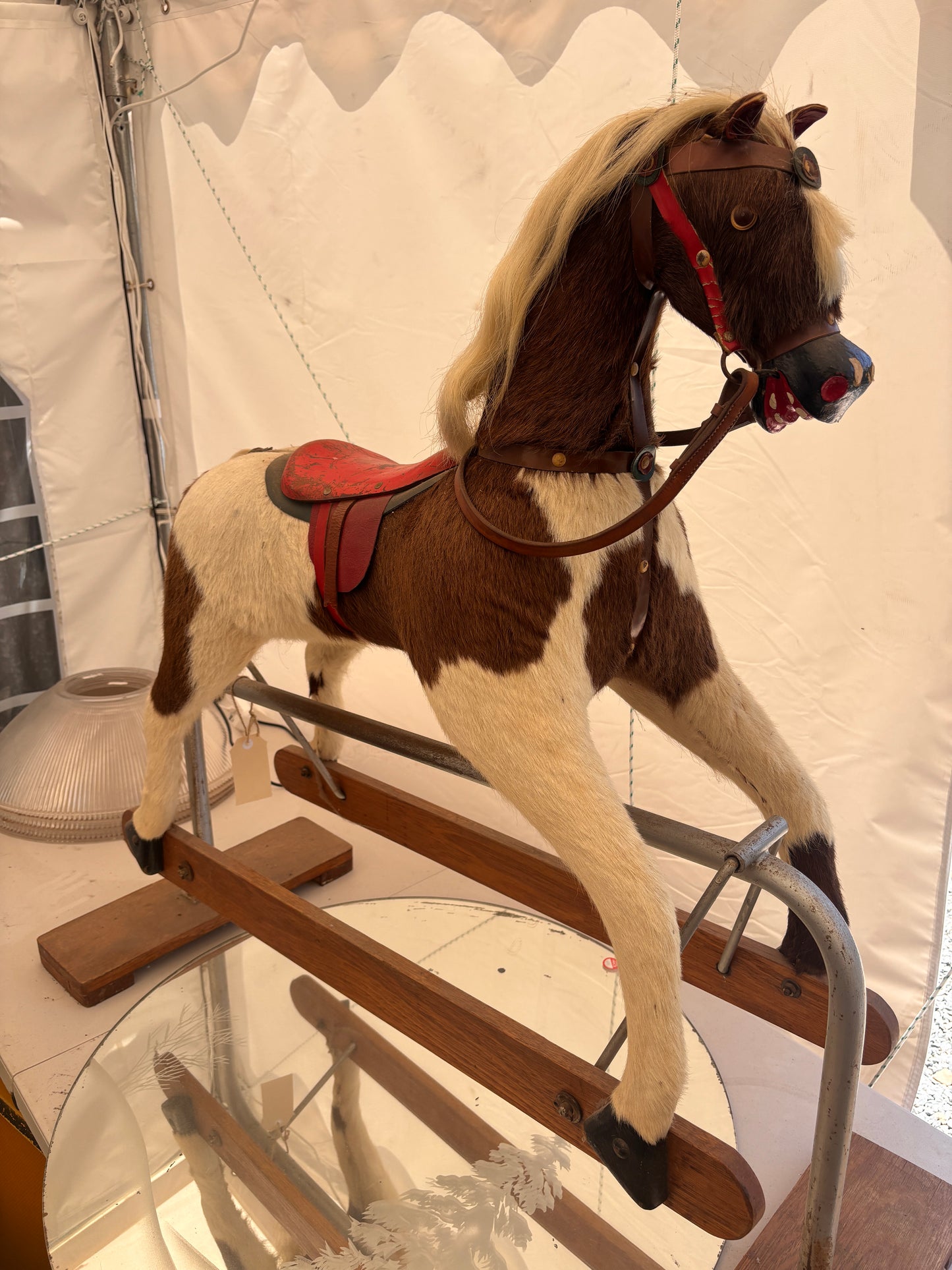 Vintage Rocking Horse with Real Horsehair Hide & Leather Saddle | c.1940s–1960s
