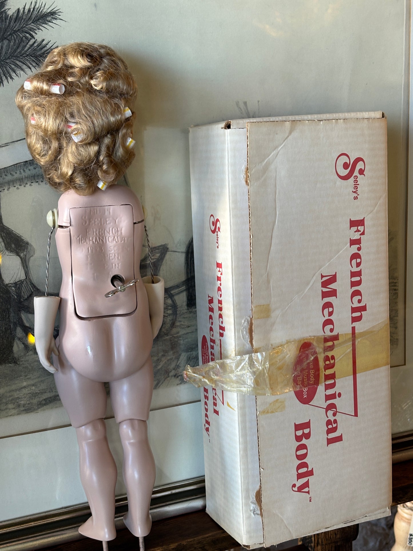 Vintage Seeley’s French Mechanical Doll Body with Porcelain Head & Original Box – Sleeping Beauty Waltz Music Box