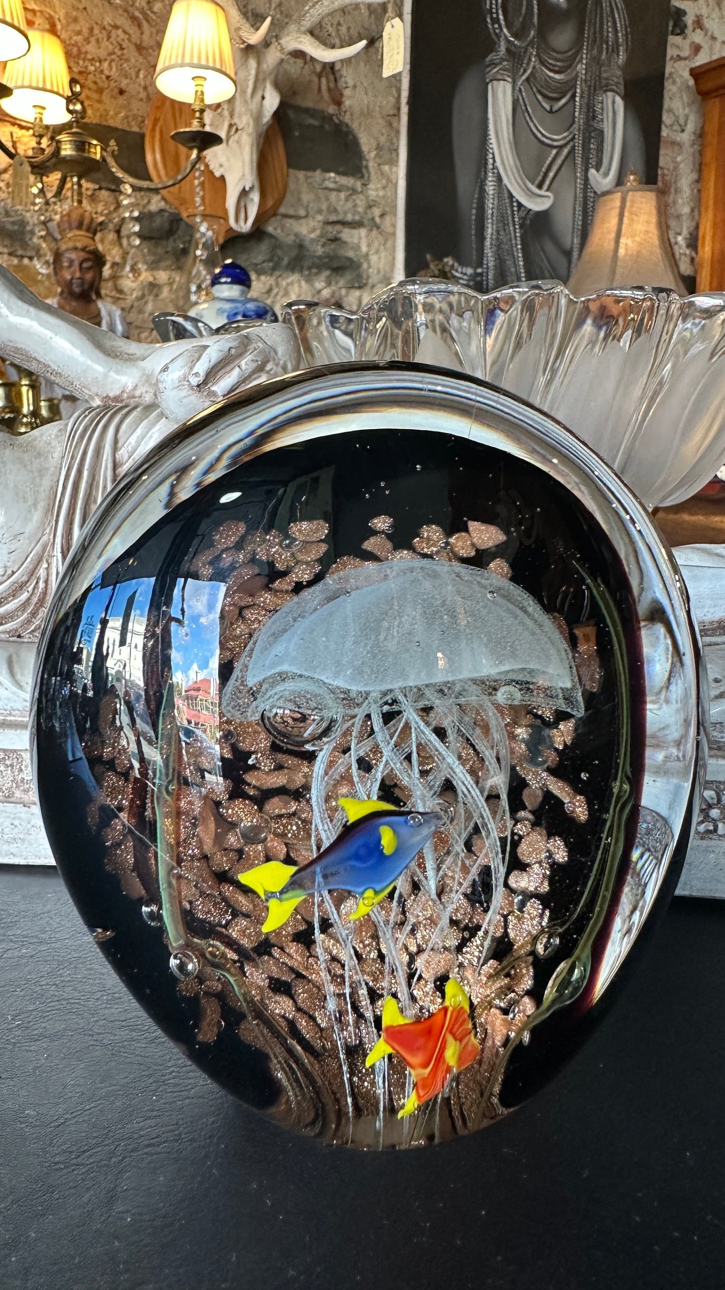 Hand Blown Art Glass Aquarium Paperweight – Jellyfish & Tropical Fish with Aventurine Gold Dust Accent