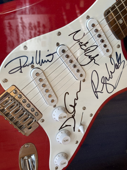 Pink Floyd Signed Guitar Display – Framed Squier Stratocaster with Dark Side of the Moon LP & COA