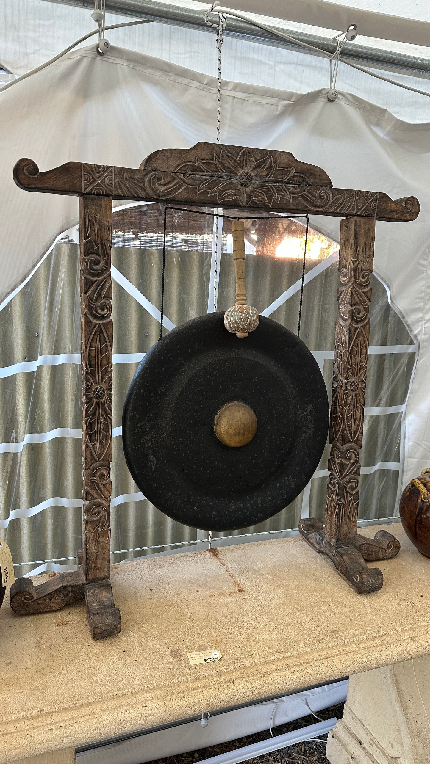 Large Ornate Carved Dinner Gong with Stand