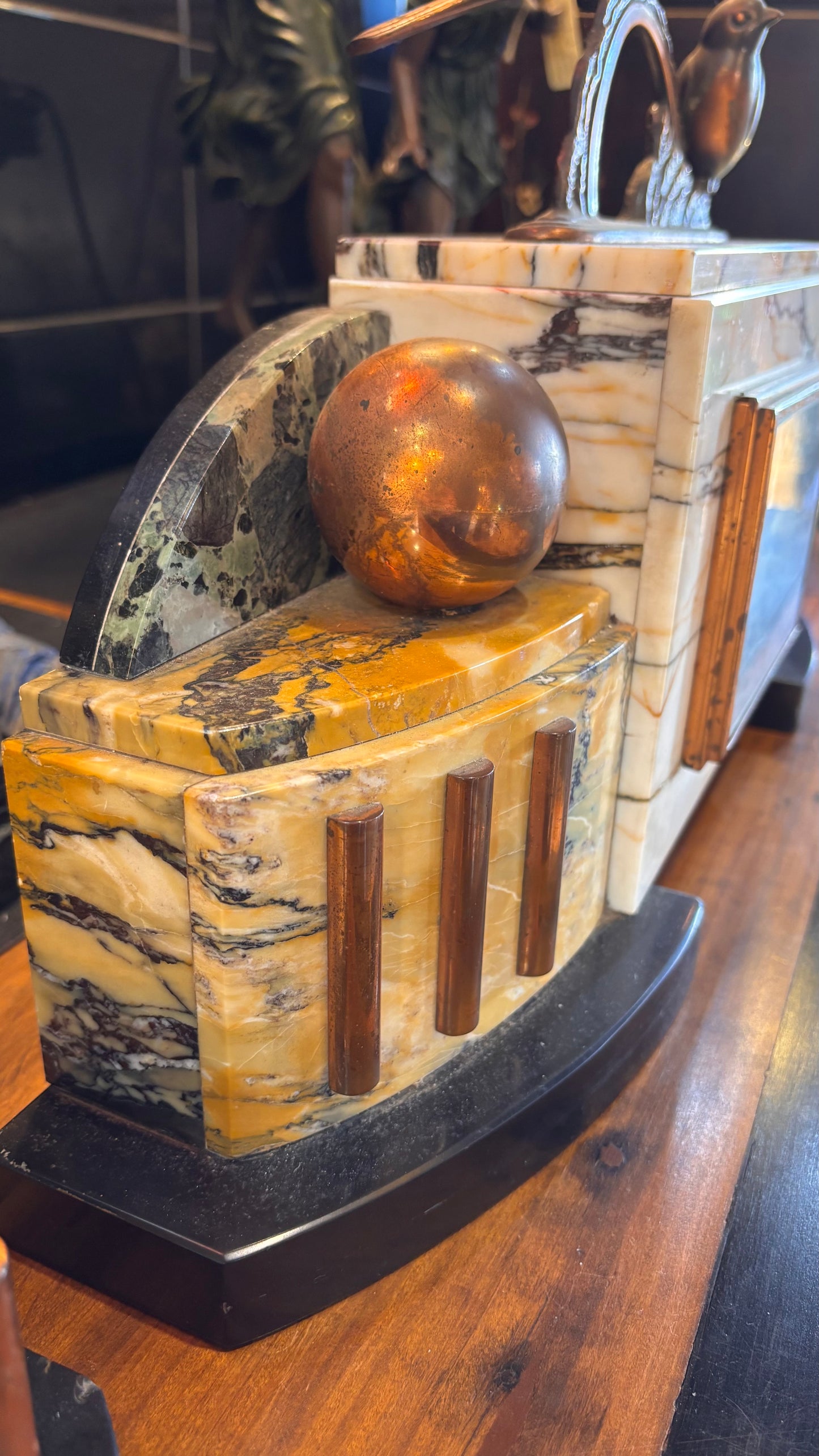 1930s French Art Deco Marble Clock Garniture Set with Patinated Bird Sculptures