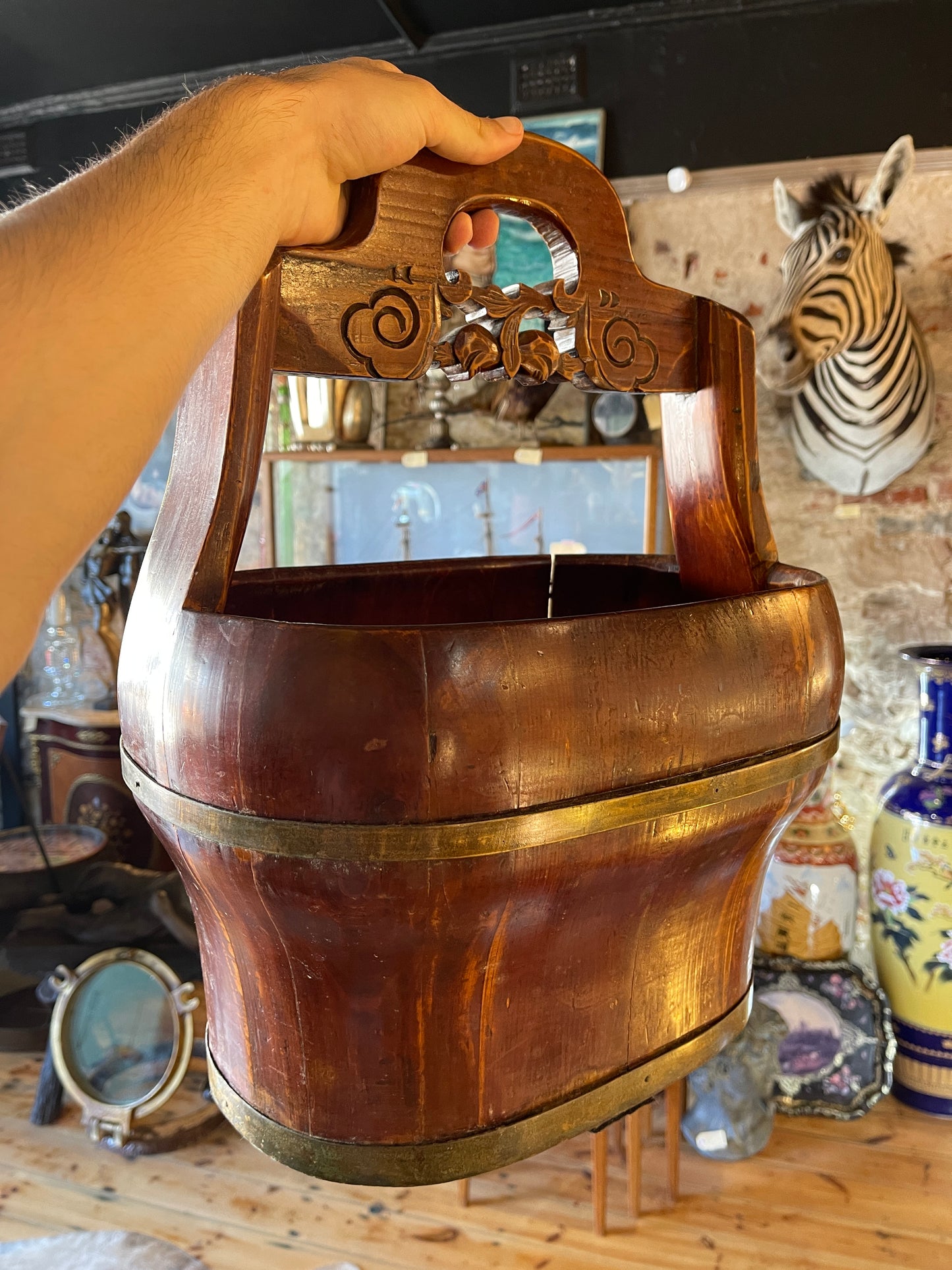 Antique Chinese Wooden Well Bucket with Brass Accents - Rustic Decor