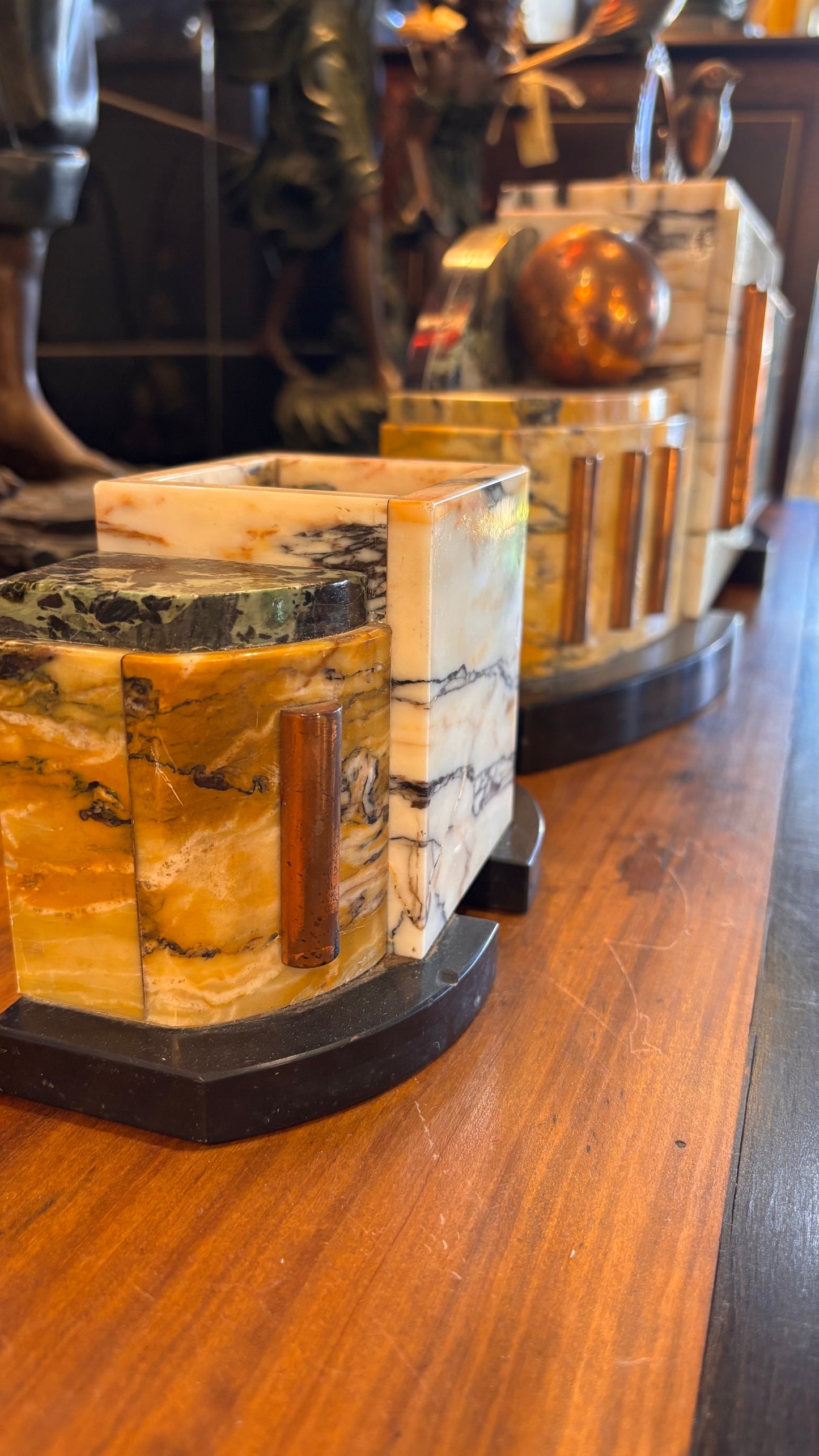 1930s French Art Deco Marble Clock Garniture Set with Patinated Bird Sculptures