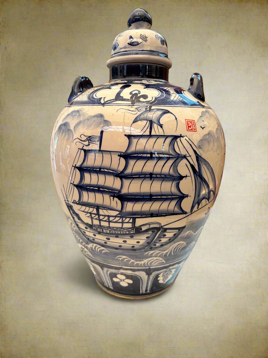 Large Oriental Blue and White Porcelain Jar