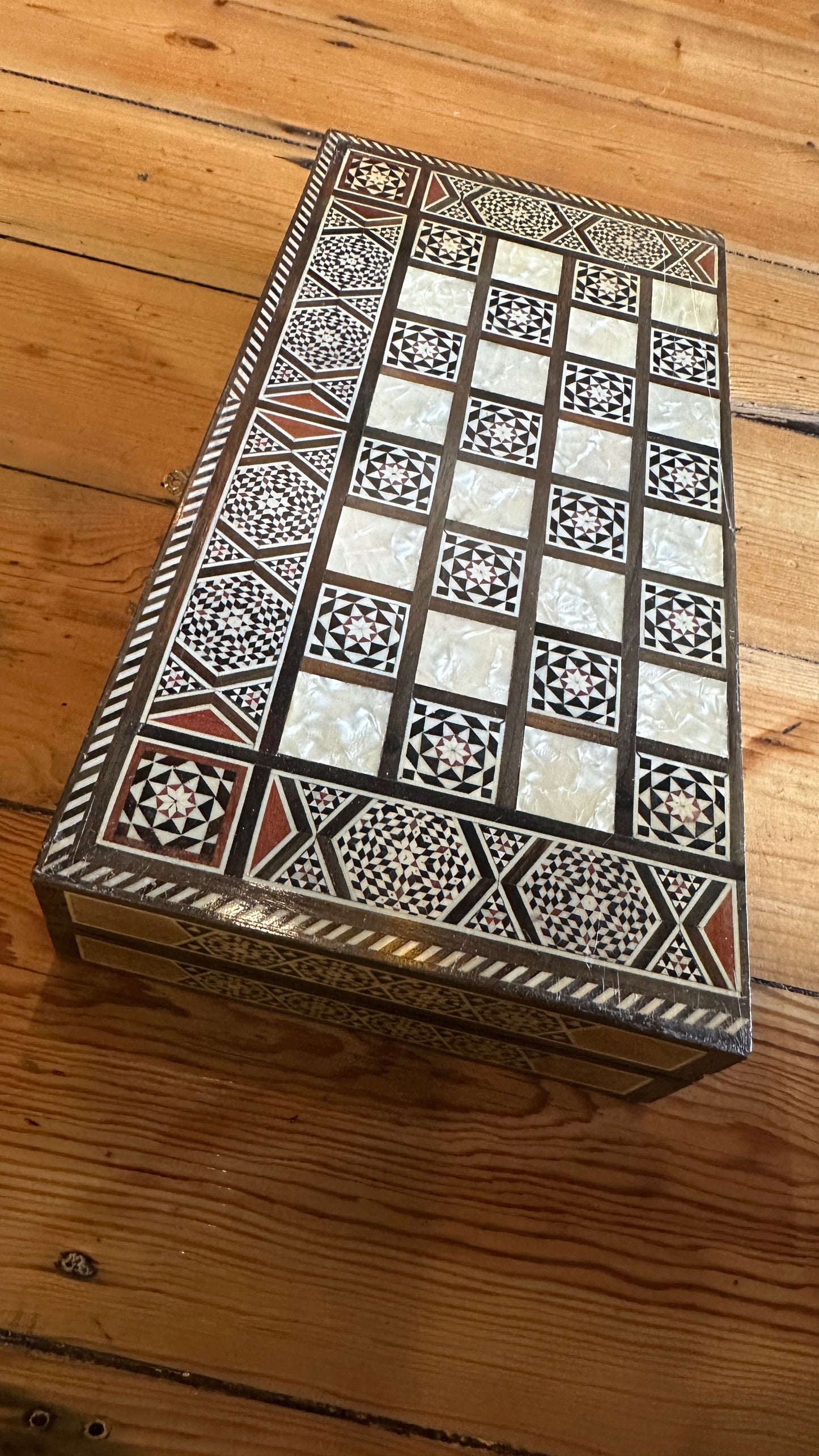 Vintage Syrian/Egyptian mosaic marquetry chess and backgammon board featuring intricate inlaid mother-of-pearl