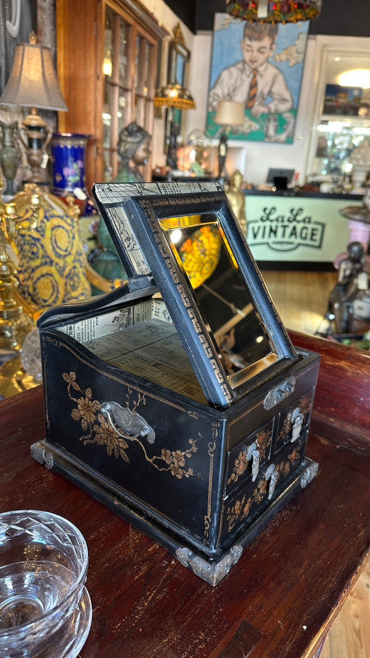 Vintage Chinese Black Lacquer Vanity Box with Folding Mirror & Drawers – Chinoiserie Jewellery Chest