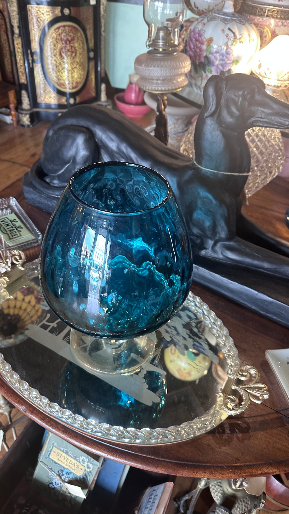 Mid Century Modern Italian Teal Blue Blown Glass Brandy Balloon Goblet Pedestal Vase