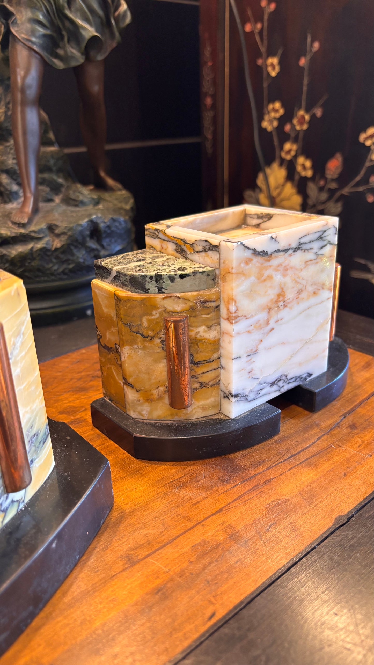 1930s French Art Deco Marble Clock Garniture Set with Patinated Bird Sculptures